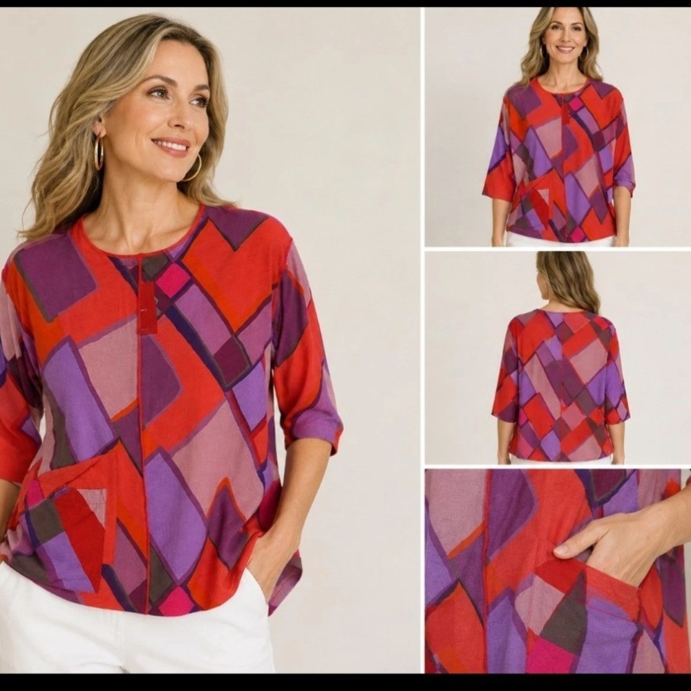 IC Collection Womens Abstract Geometric Print Top Red Purple Pink 2X Size XXL - Picture 1 of 6